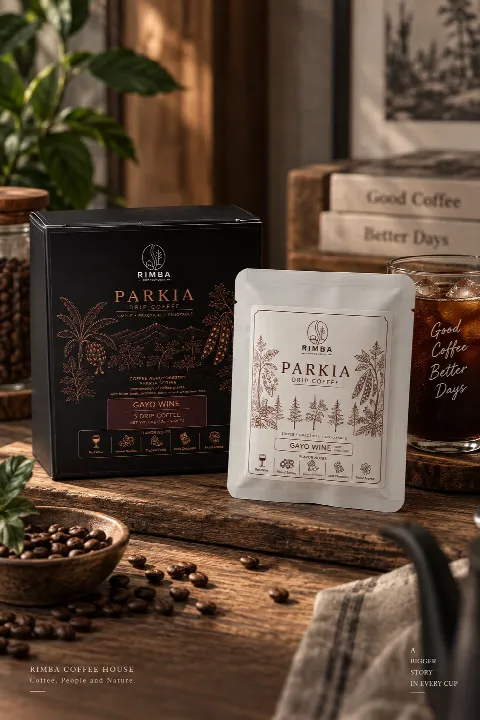 Rimba Parkia Gayo Wine drip coffee box and sachet beside iced coffee