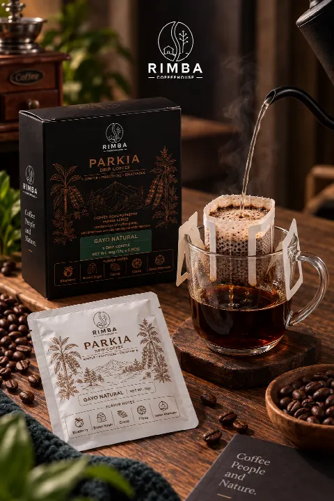 Rimba Parkia Gayo Natural drip coffee packaging with a pour-over bag brewing in a glass