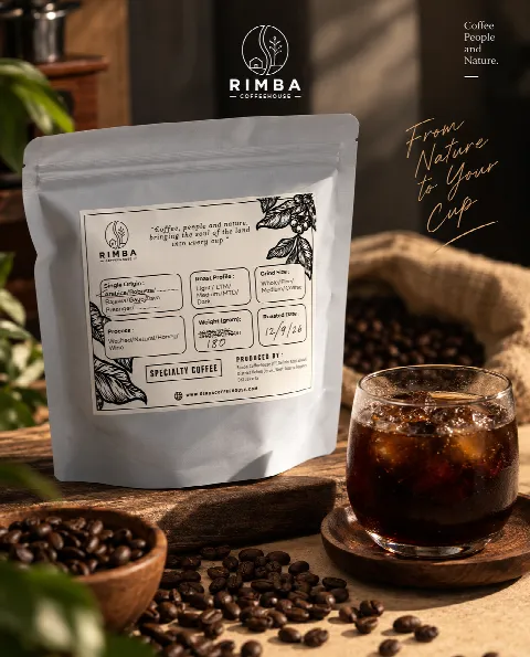 Rimba specialty coffee pouch with origin and roast details beside iced coffee