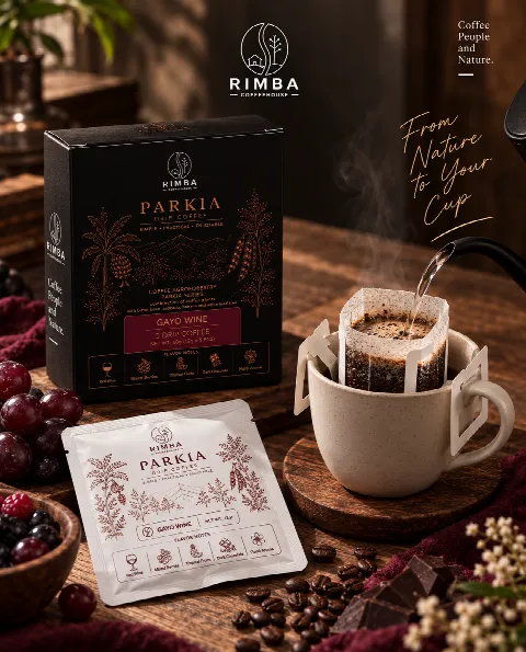 Rimba Parkia Gayo Wine box and sachet with drip coffee brewing in a cup