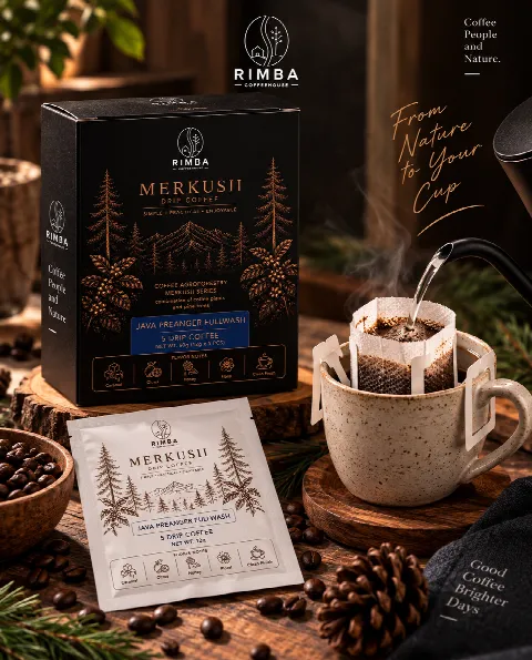 Rimba Merkusii Java Preanger Fullwash box and sachet with drip coffee brewing in a cup
